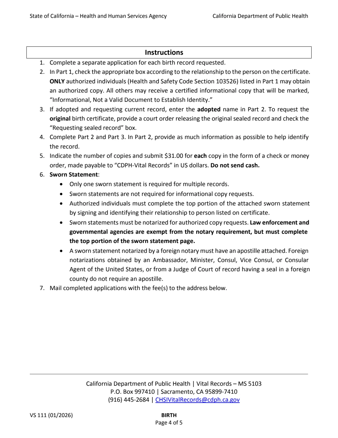 VS 111 (2026) Application for Certified Copy of Birth Record (California) — page 4 of 8
