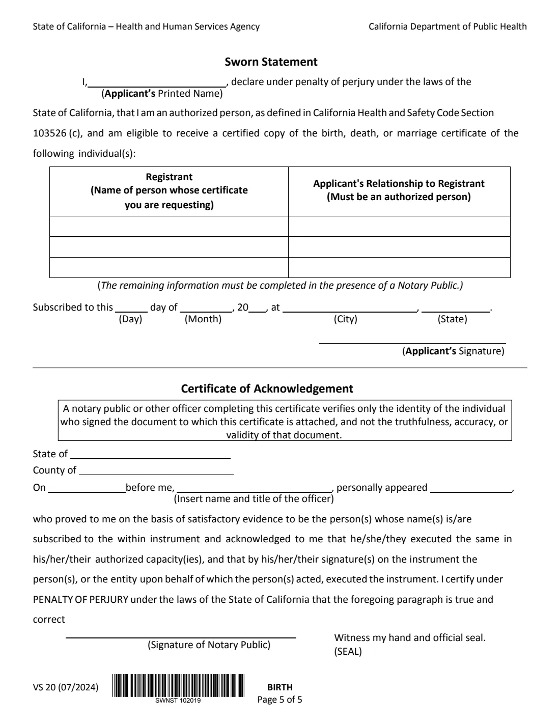 VS 111 (2026) Application for Certified Copy of Birth Record (California) — page 5 of 8