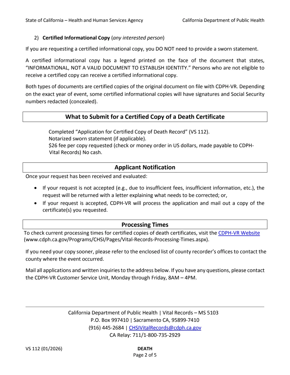 Form VS 112 (2026) Application for Certified Copy of Death Record (California) — page 2 of 8