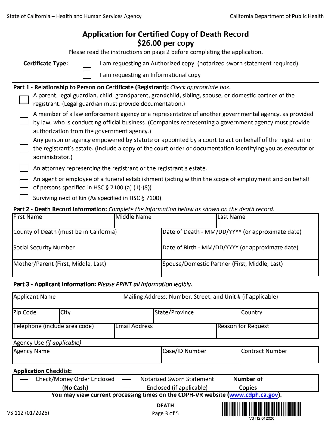 Form VS 112 (2026) Application for Certified Copy of Death Record (California) — page 3 of 8