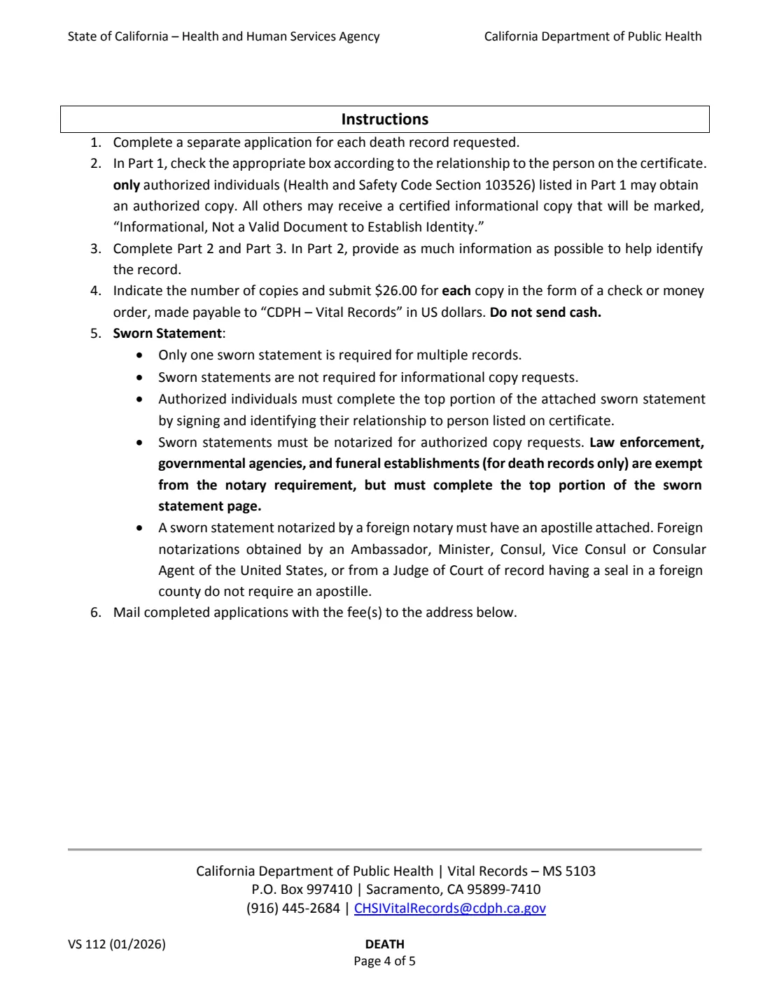 Form VS 112 (2026) Application for Certified Copy of Death Record (California) — page 4 of 8