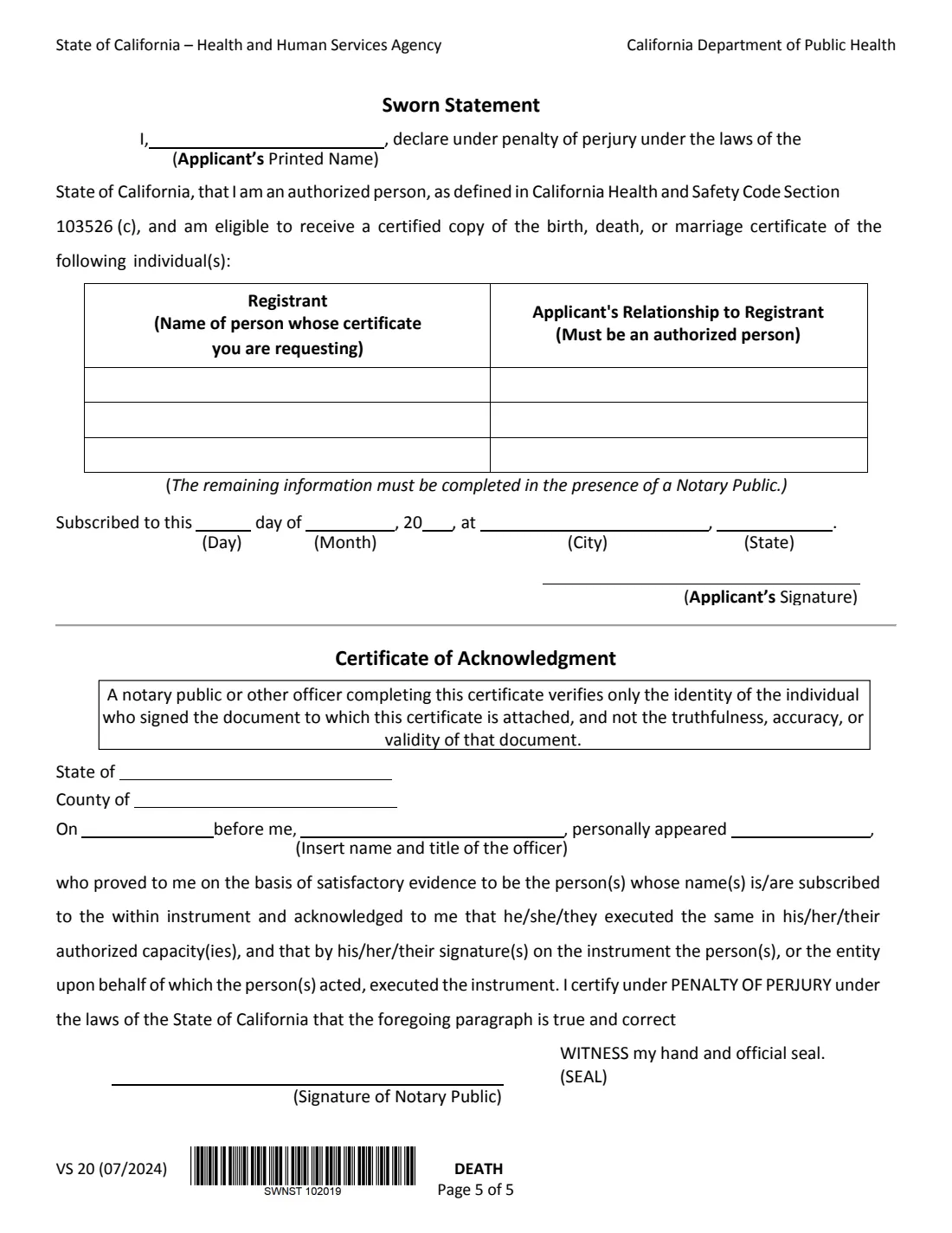 Form VS 112 (2026) Application for Certified Copy of Death Record (California) — page 5 of 8