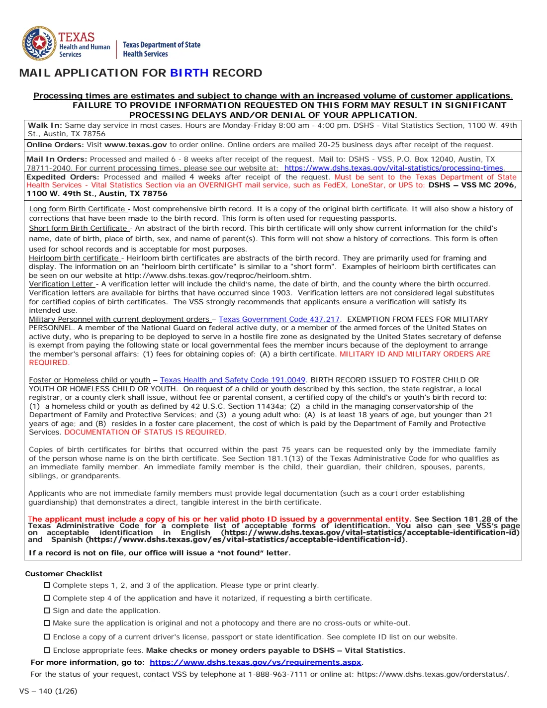 VS-140 (2026) Mail Application for Birth Record (Texas) — page 2 of 2