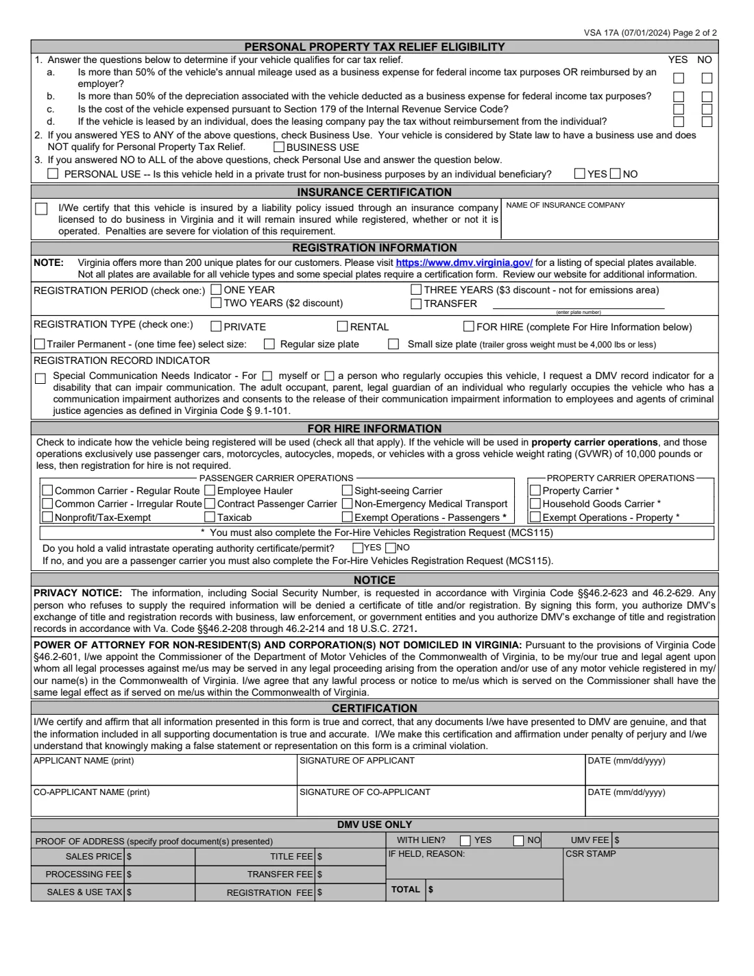 Form VSA 17A (2024) Application for Certificate of Title and Registration (Virginia) — page 2 of 2