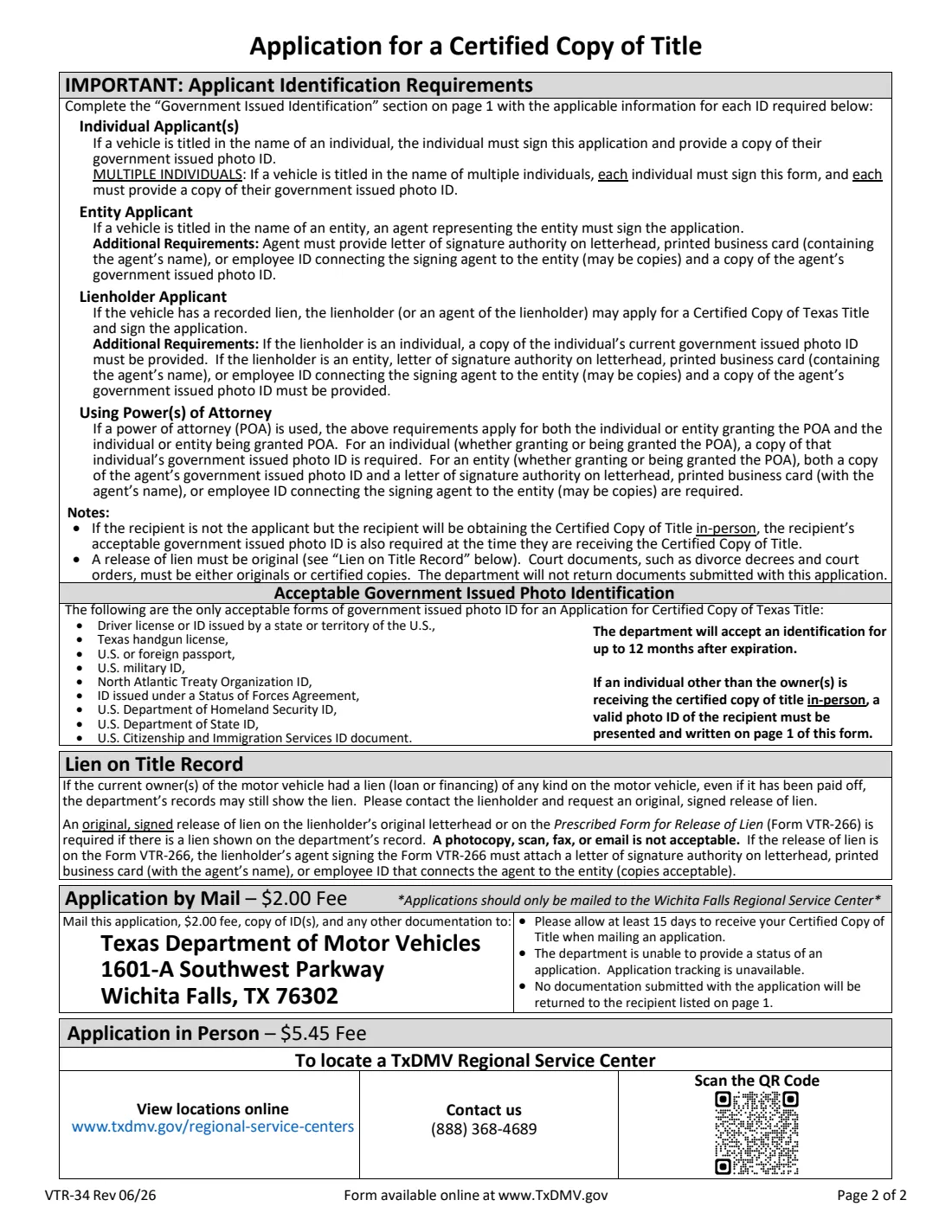 Form VTR-34 (2026) Application for a Certified Copy of Title (Texas) — page 2 of 2