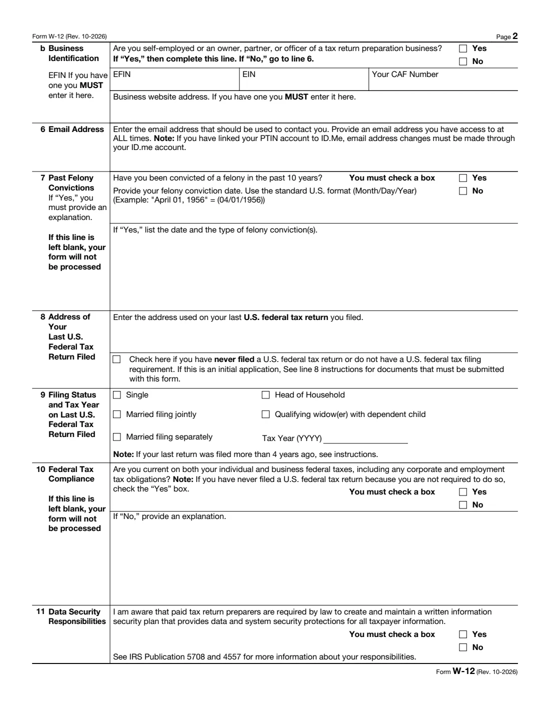 Form W-12 (2026) IRS Paid Preparer Tax Identification Number (PTIN) Application and Renewal — page 2 of 3