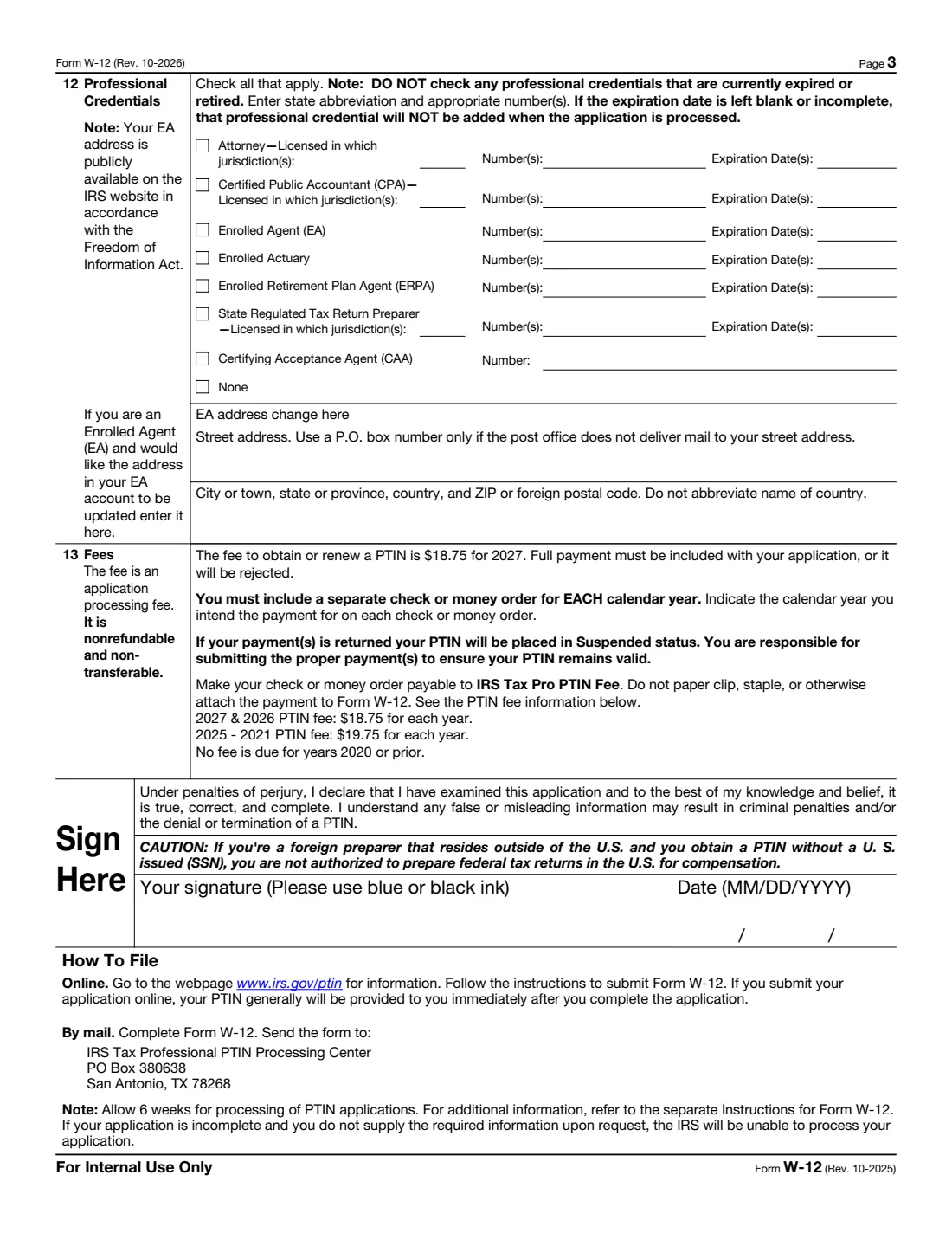 Form W-12 (2026) IRS Paid Preparer Tax Identification Number (PTIN) Application and Renewal — page 3 of 3