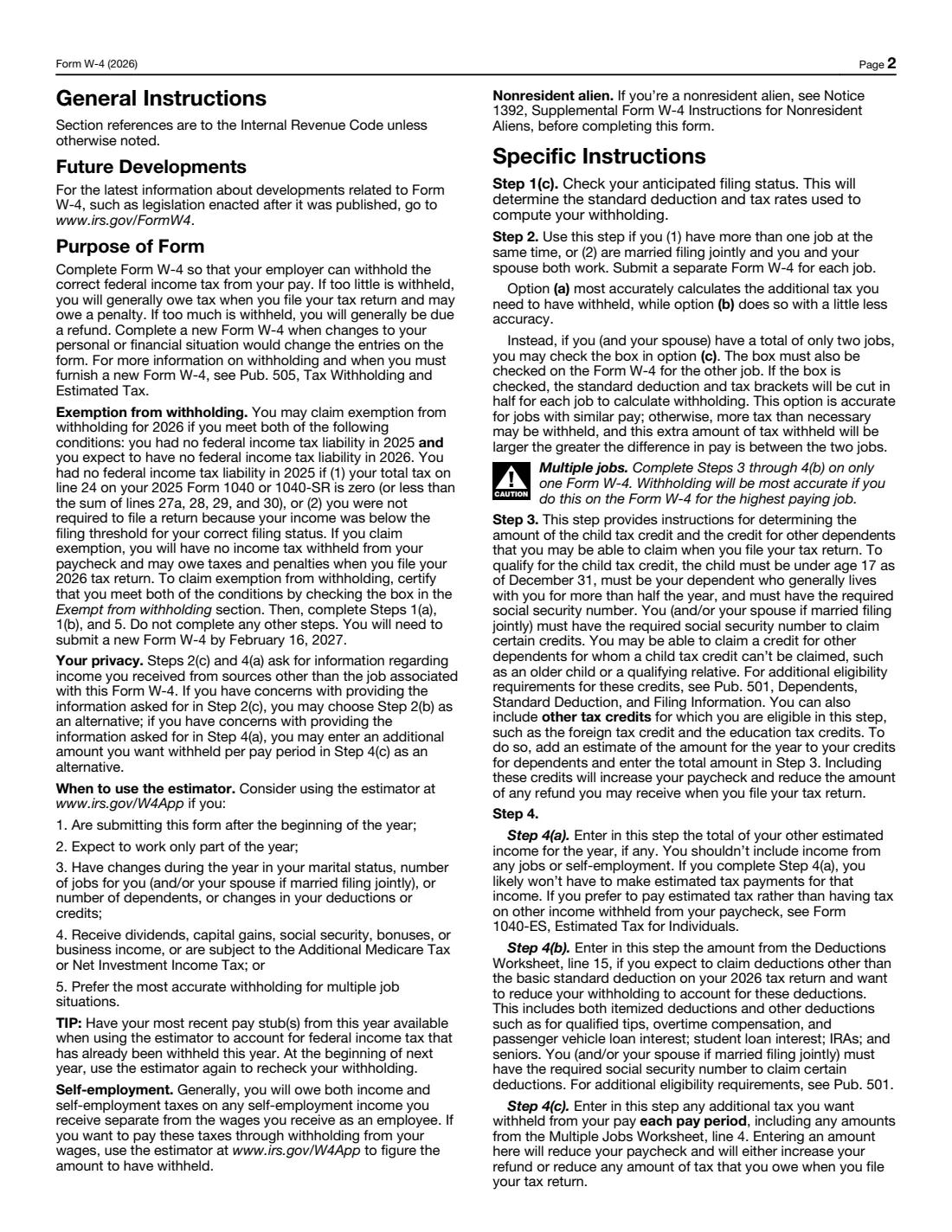 Form W-4 (2026) Employee's Withholding Certificate — page 2 of 5