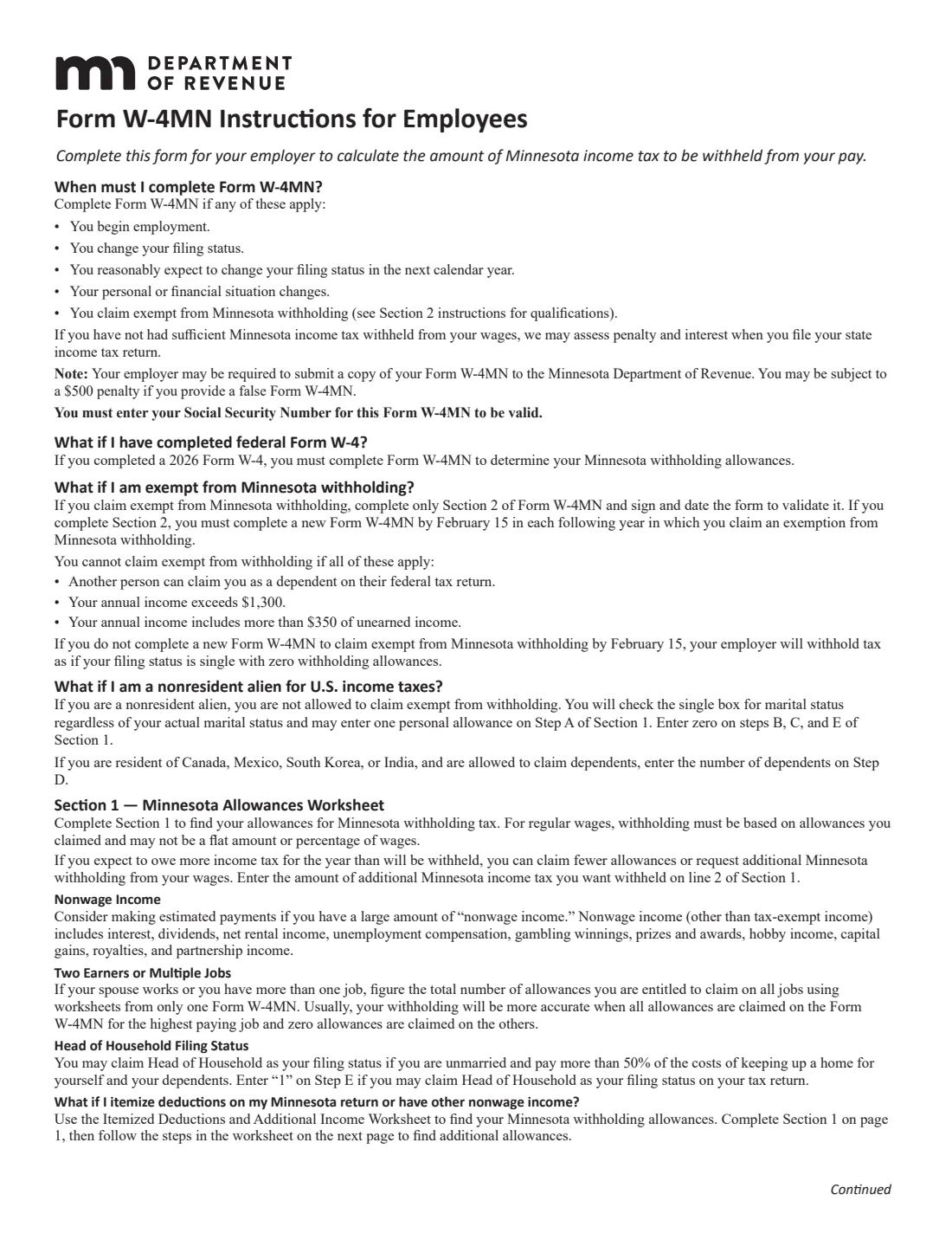 Form W-4MN (2026) Minnesota Employee Withholding Certificate — page 2 of 5