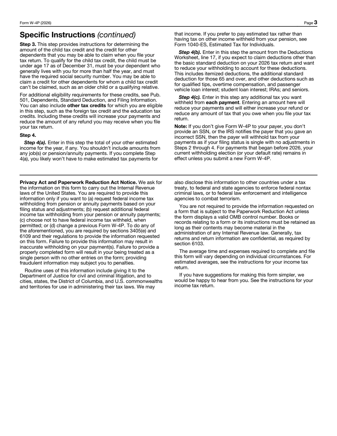 Form W-4P (2026) Withholding Certificate for Periodic Pension or Annuity Payments — page 3 of 4