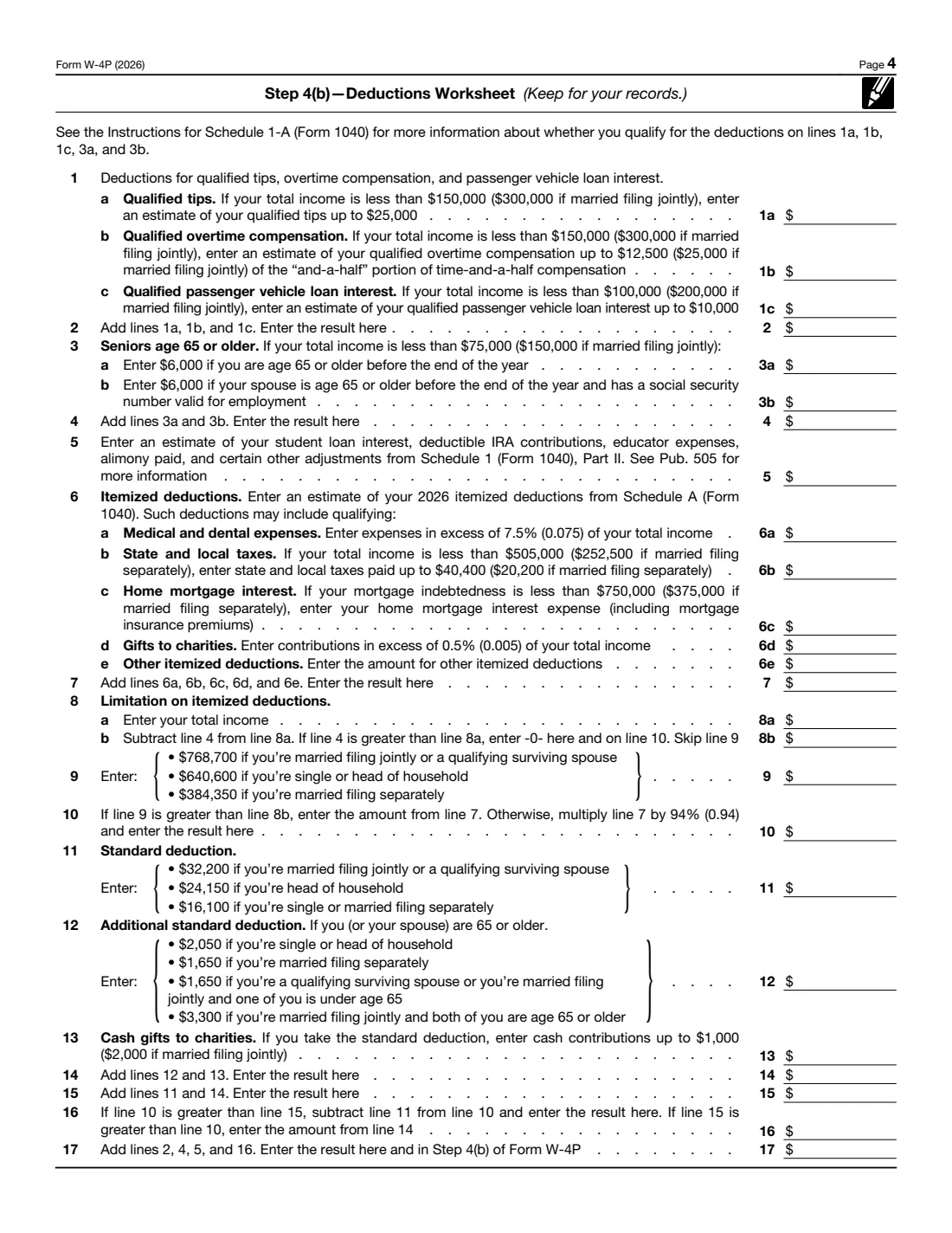 Form W-4P (2026) Withholding Certificate for Periodic Pension or Annuity Payments — page 4 of 4