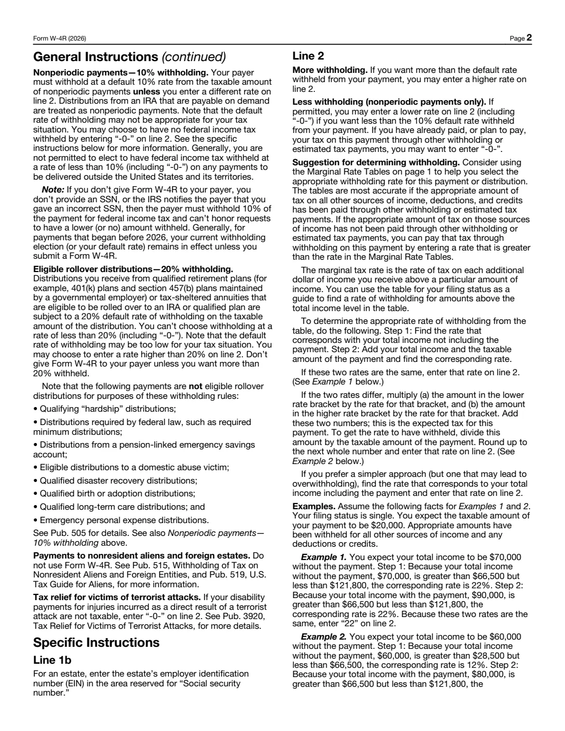 Form W-4R (2026) Withholding Certificate for Nonperiodic Payments and Eligible Rollover Distributions — page 2 of 3