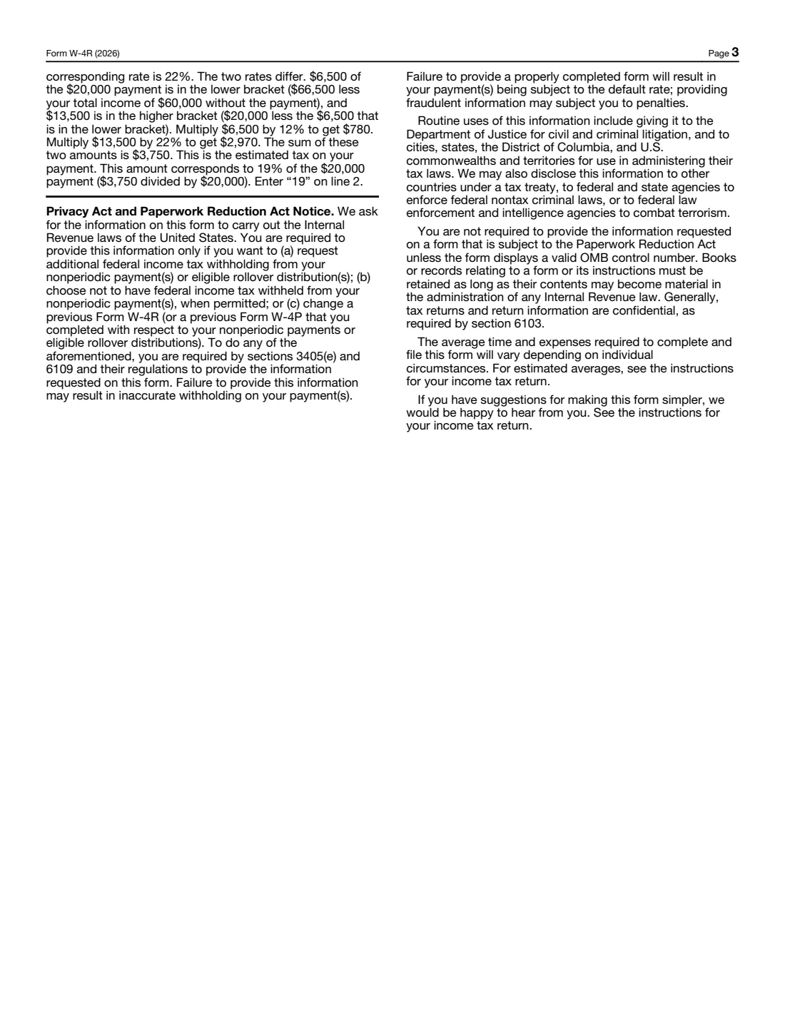 Form W-4R (2026) Withholding Certificate for Nonperiodic Payments and Eligible Rollover Distributions — page 3 of 3