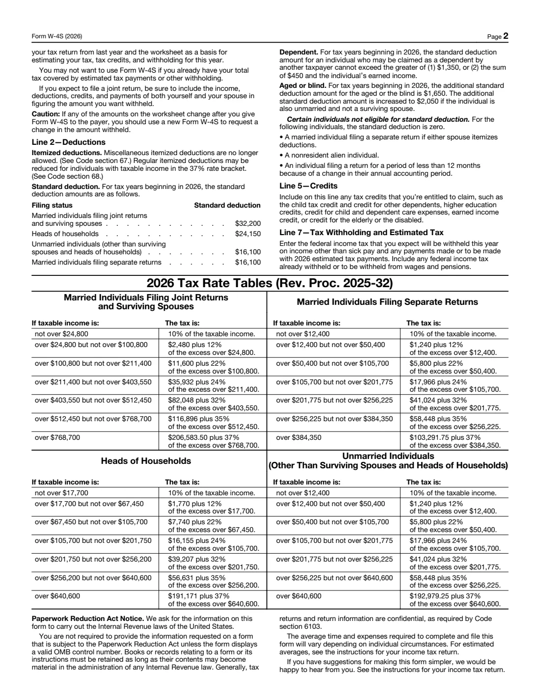Form W-4S (2026) Request for Federal Income Tax Withholding From Sick Pay — page 2 of 2