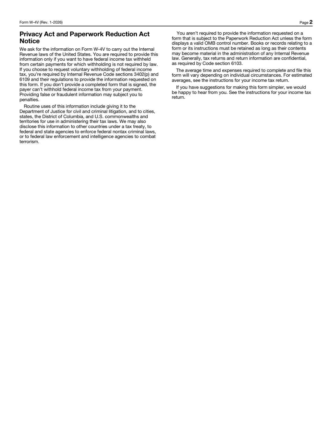 Form W-4V (2026) Voluntary Withholding Request — page 2 of 2