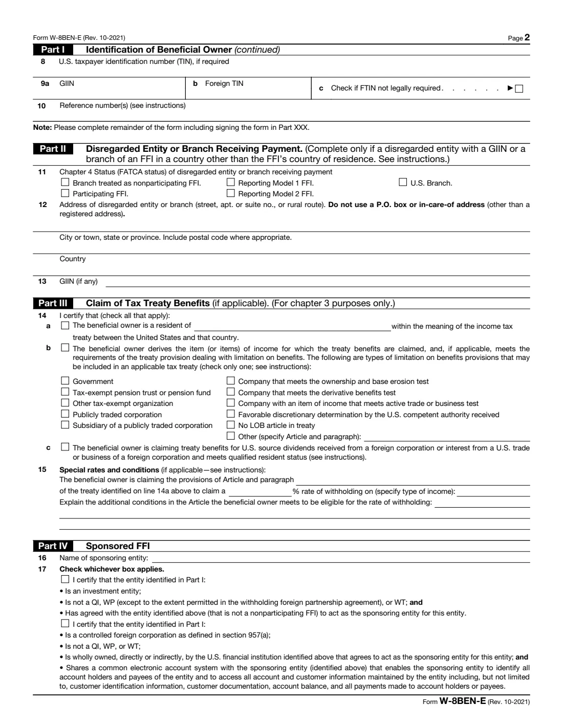 Form W-8BEN-E (2021) Certificate of Status of Beneficial Owner for United States Tax Withholding and Reporting (Entities) — page 2 of 8