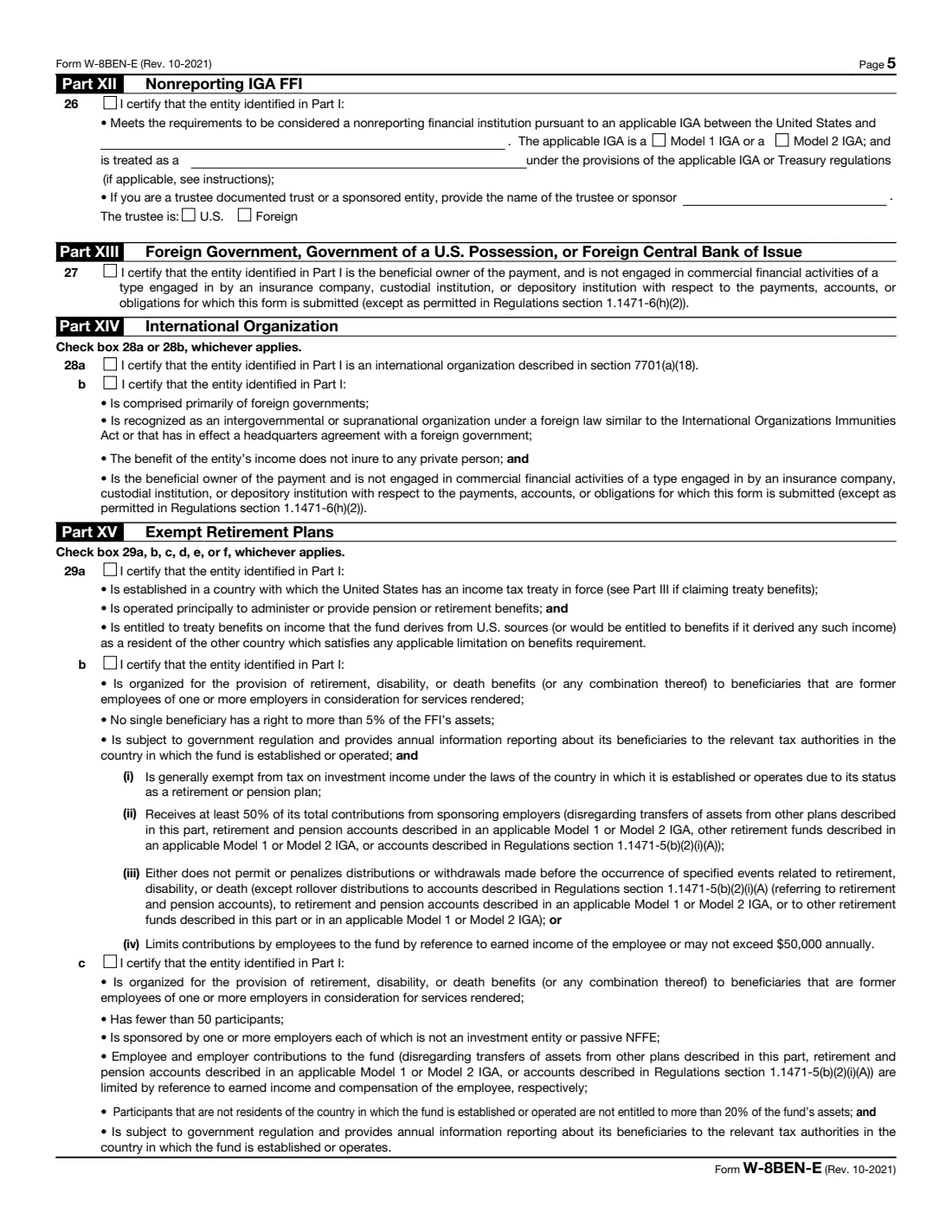 Form W-8BEN-E (2021) Certificate of Status of Beneficial Owner for United States Tax Withholding and Reporting (Entities) — page 5 of 8