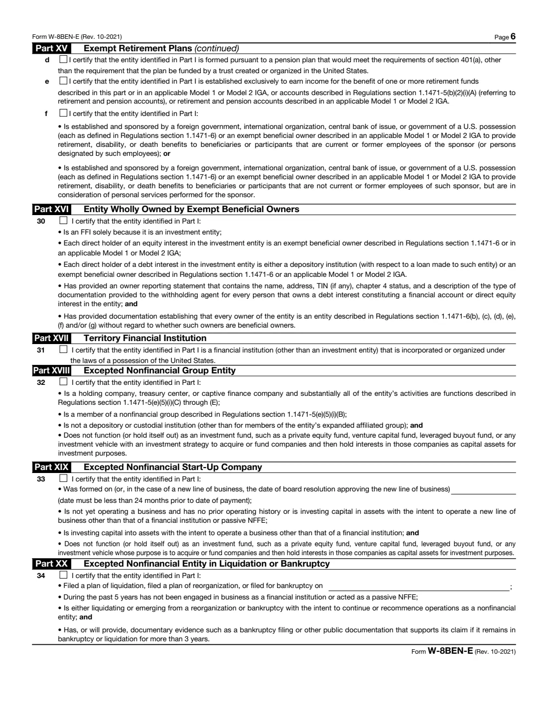 Form W-8BEN-E (2021) Certificate of Status of Beneficial Owner for United States Tax Withholding and Reporting (Entities) — page 6 of 8