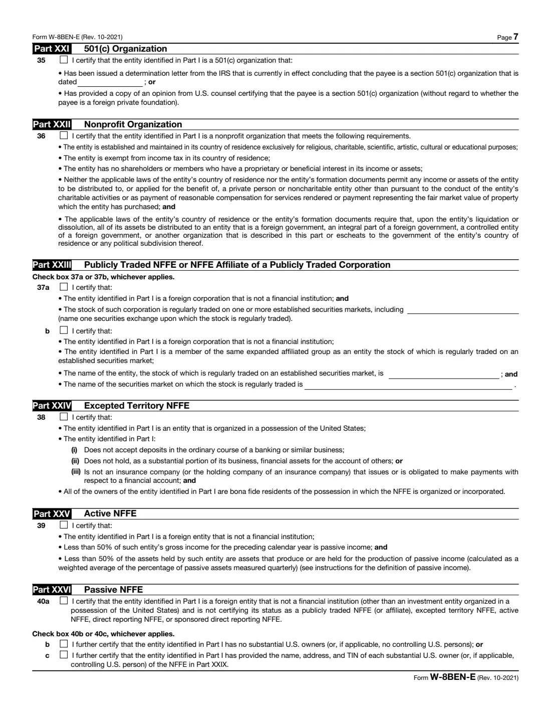 Form W-8BEN-E (2021) Certificate of Status of Beneficial Owner for United States Tax Withholding and Reporting (Entities) — page 7 of 8