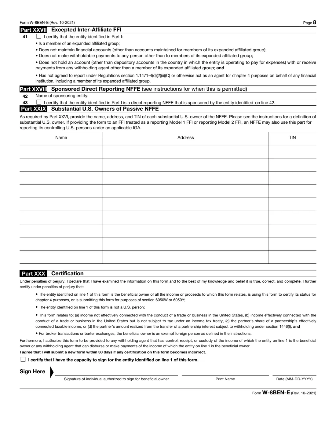 Form W-8BEN-E (2021) Certificate of Status of Beneficial Owner for United States Tax Withholding and Reporting (Entities) — page 8 of 8
