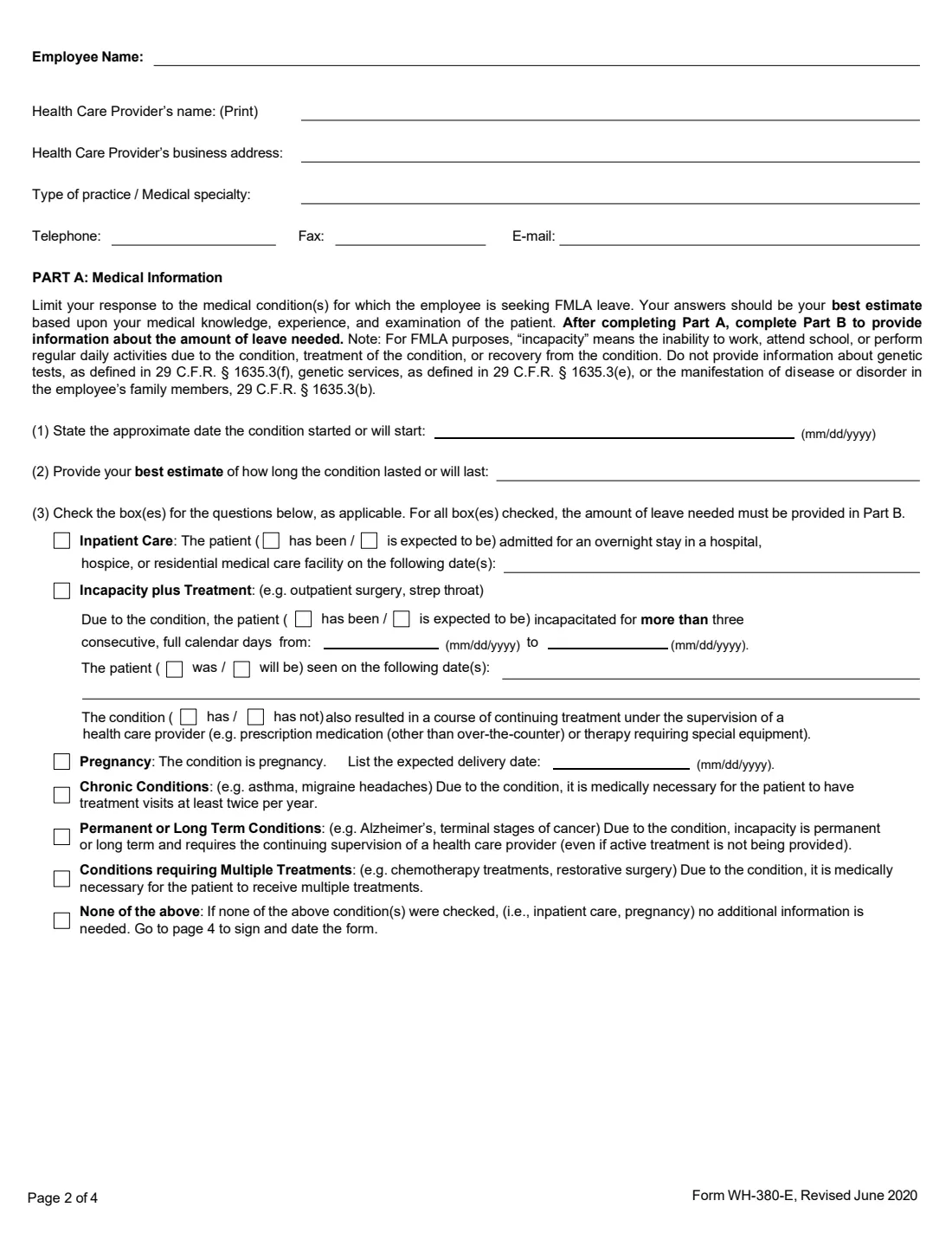 Form WH-380-E (2020) Certification of Health Care Provider for Employee's Serious Health Condition under the Family and Medical Leave Act — page 2 of 4