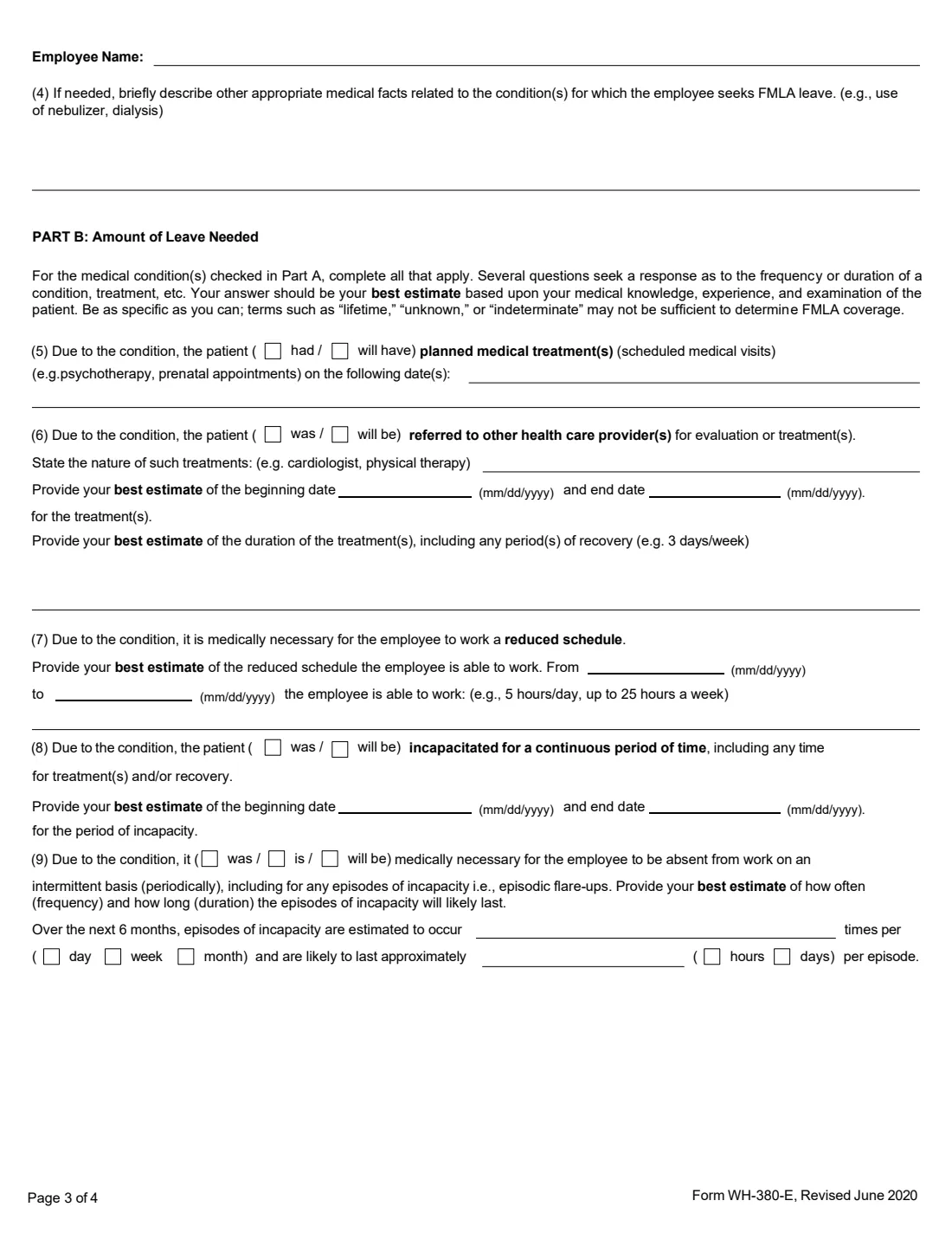 Form WH-380-E (2020) Certification of Health Care Provider for Employee's Serious Health Condition under the Family and Medical Leave Act — page 3 of 4