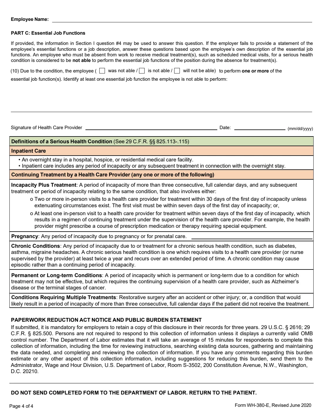 Form WH-380-E (2020) Certification of Health Care Provider for Employee's Serious Health Condition under the Family and Medical Leave Act — page 4 of 4