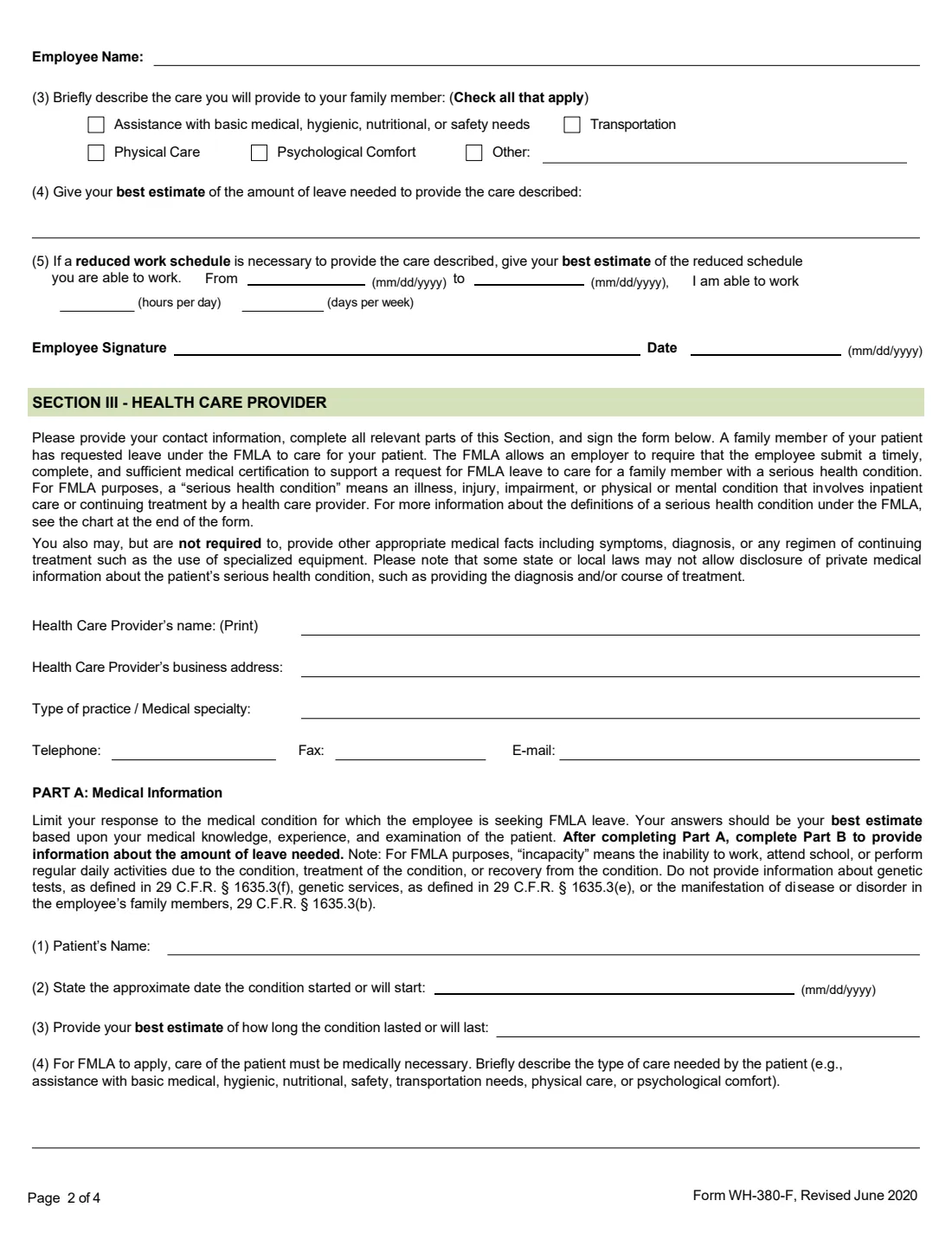 Form WH-380-F (2020) Certification of Health Care Provider for Family Member's Serious Health Condition under the Family and Medical Leave Act — page 2 of 4