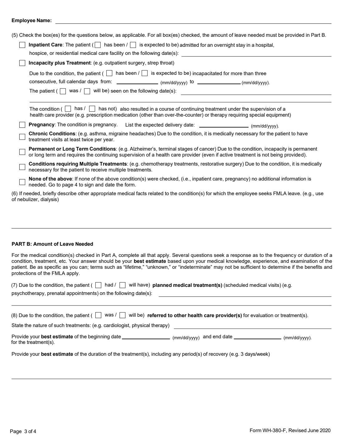 Form WH-380-F (2020) Certification of Health Care Provider for Family Member's Serious Health Condition under the Family and Medical Leave Act — page 3 of 4