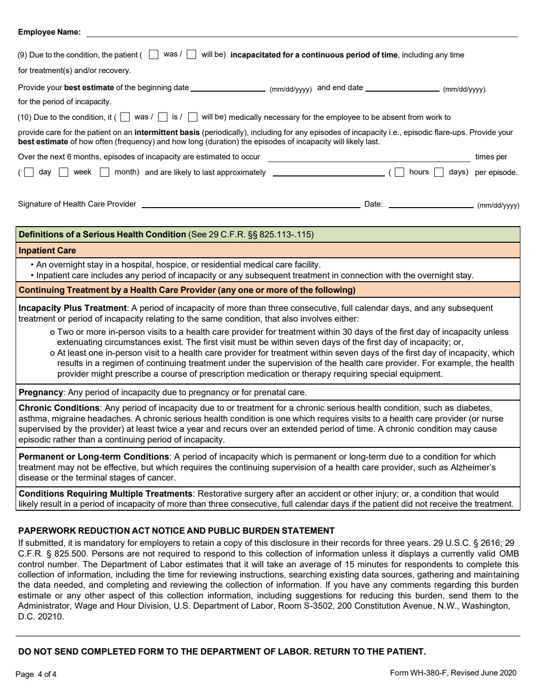 Form WH-380-F (2020) Certification of Health Care Provider for Family Member's Serious Health Condition under the Family and Medical Leave Act — page 4 of 4
