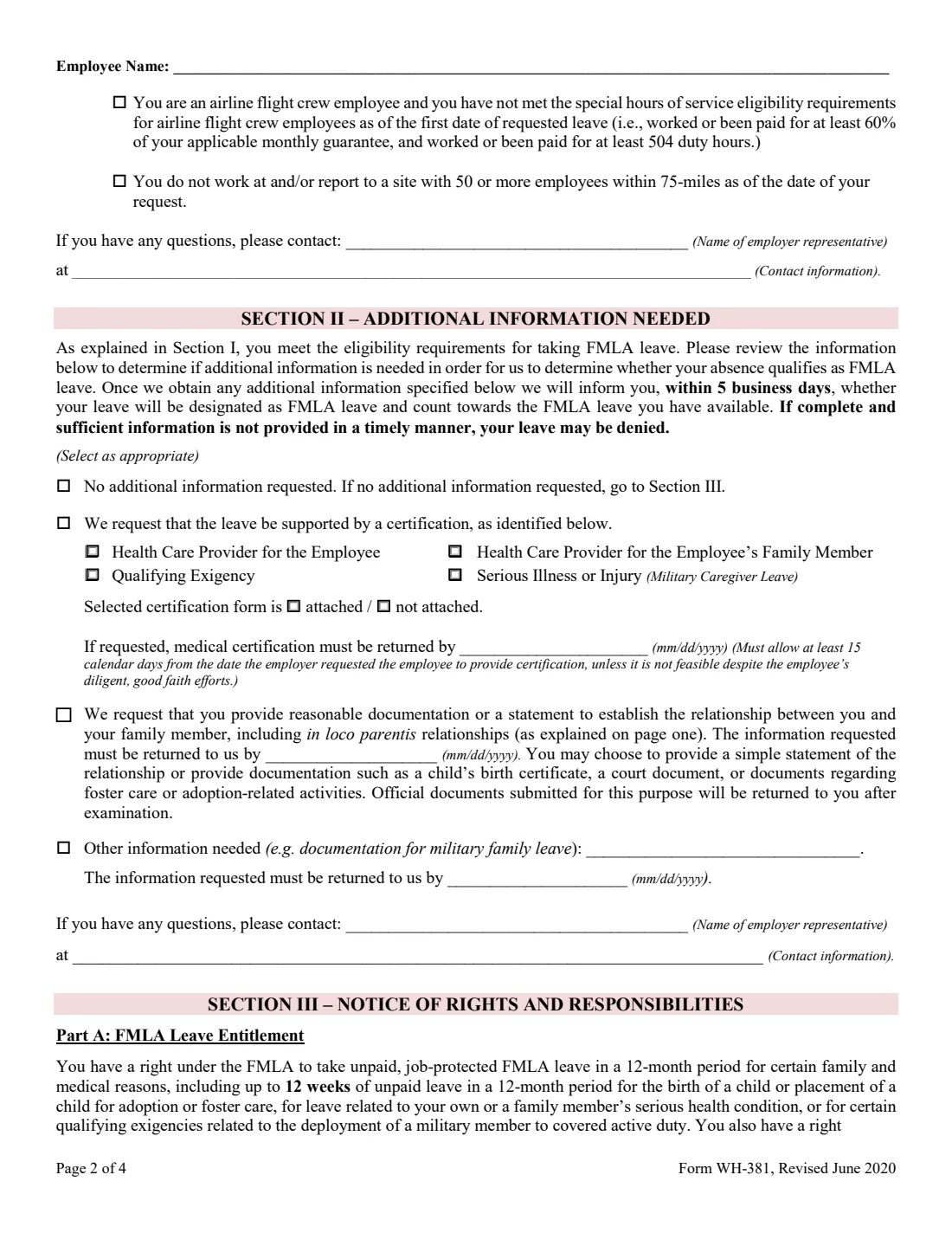 Form WH-381 (2020) Notice of Eligibility & Rights and Responsibilities under the Family and Medical Leave Act — page 2 of 4