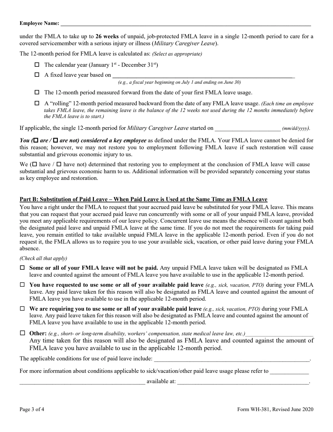 Form WH-381 (2020) Notice of Eligibility & Rights and Responsibilities under the Family and Medical Leave Act — page 3 of 4