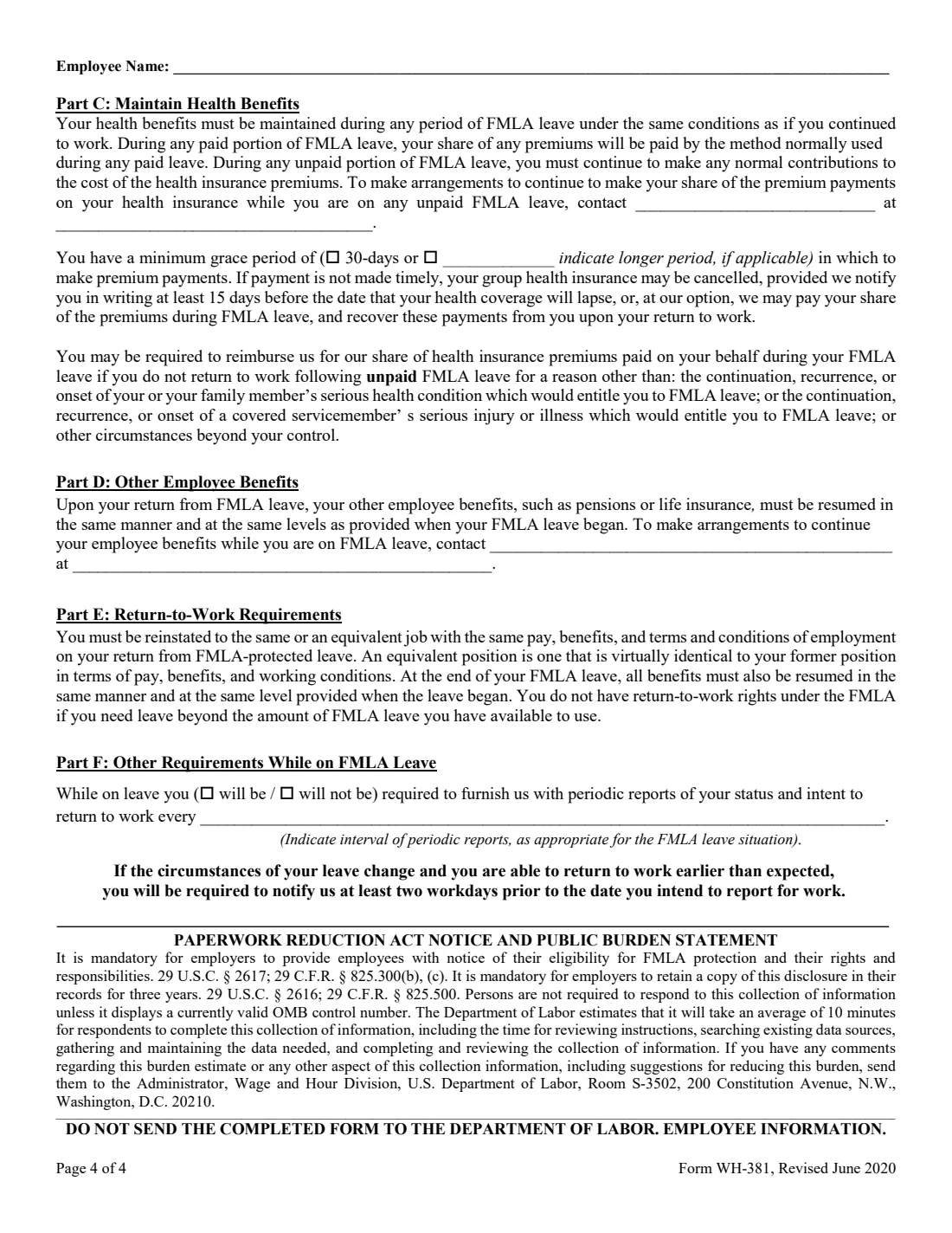 Form WH-381 (2020) Notice of Eligibility & Rights and Responsibilities under the Family and Medical Leave Act — page 4 of 4