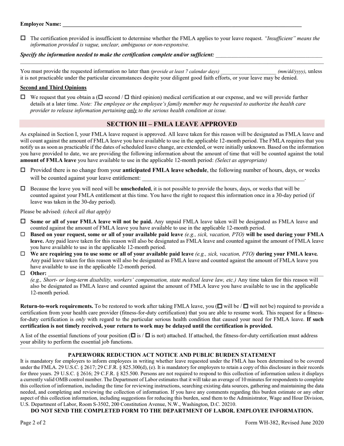 Form WH-382 (2020) Designation Notice under the Family and Medical Leave Act — page 2 of 2
