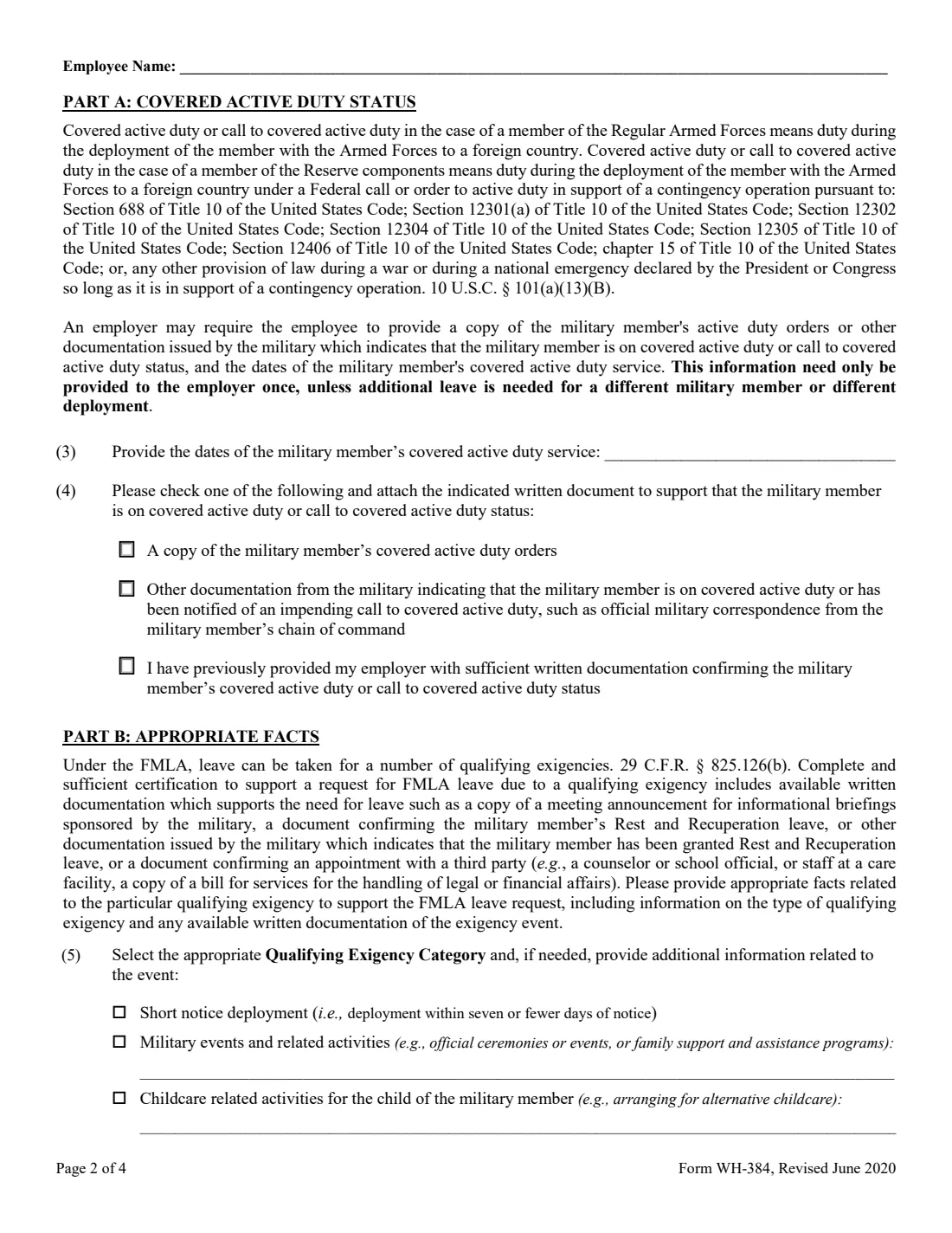 Form WH-384 (2020) Certification of Qualifying Exigency for Military Family Leave under the Family and Medical Leave Act — page 2 of 4