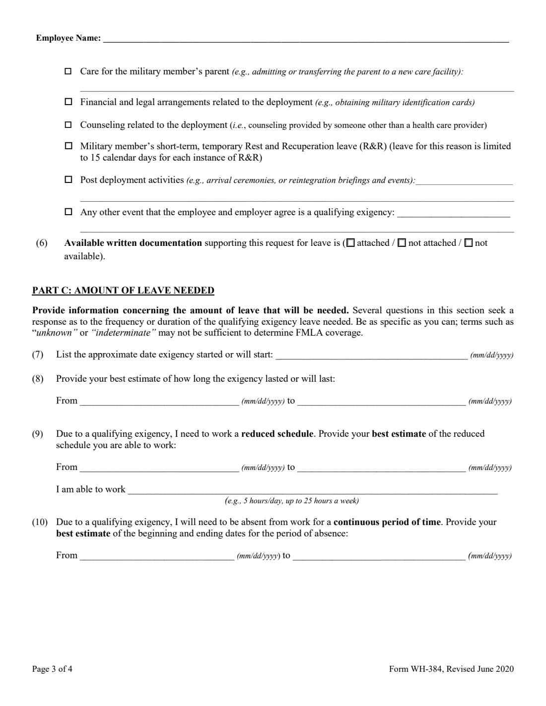 Form WH-384 (2020) Certification of Qualifying Exigency for Military Family Leave under the Family and Medical Leave Act — page 3 of 4