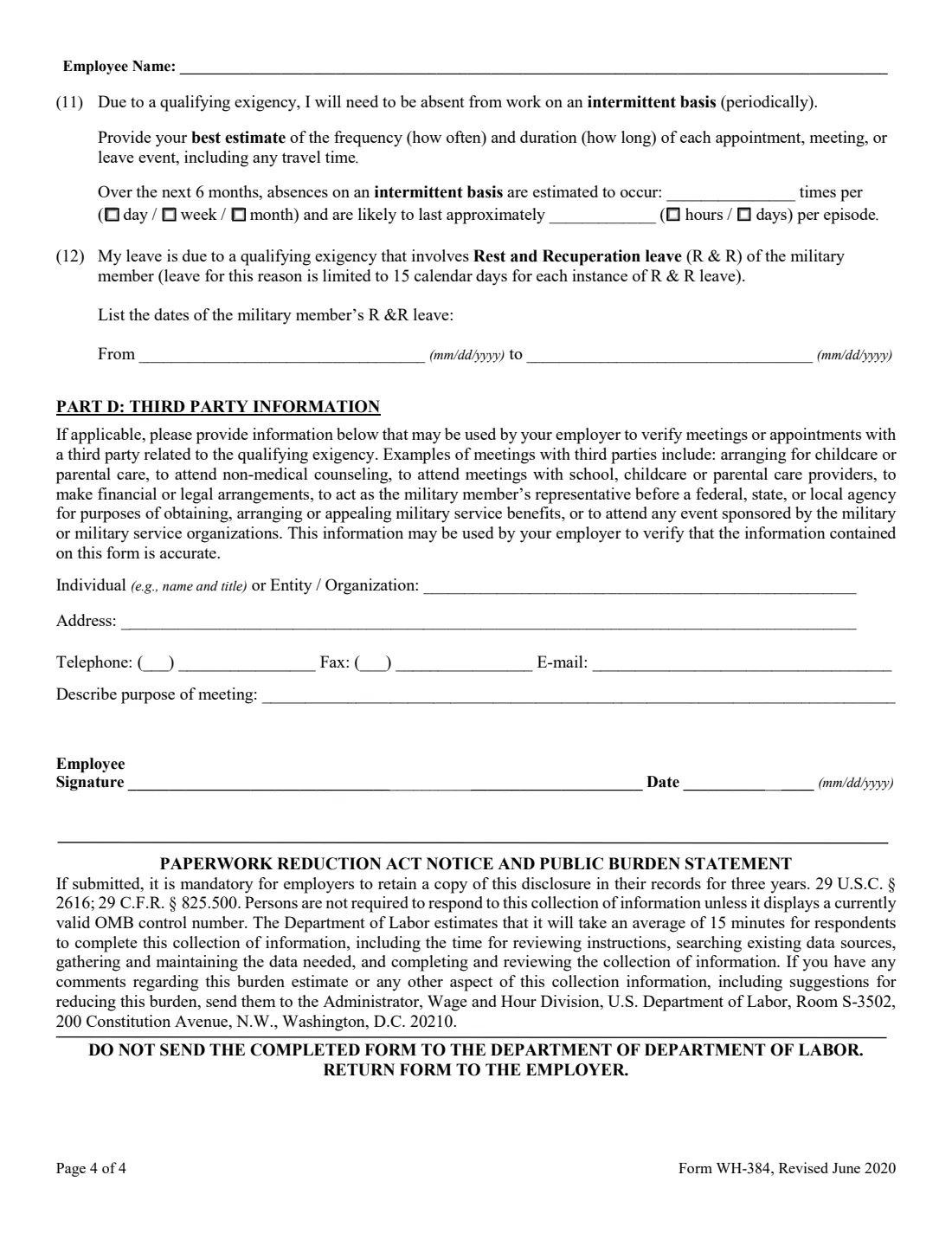 Form WH-384 (2020) Certification of Qualifying Exigency for Military Family Leave under the Family and Medical Leave Act — page 4 of 4