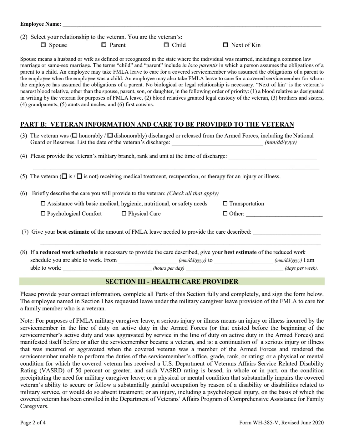 Form WH-385-V (2020) Certification for Serious Injury or Illness of a Veteran for Military Caregiver Leave under the Family and Medical Leave Act — page 2 of 4