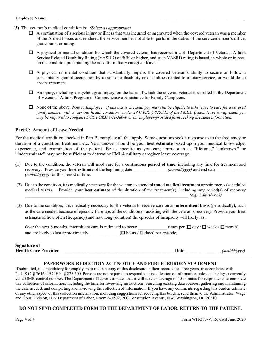 Form WH-385-V (2020) Certification for Serious Injury or Illness of a Veteran for Military Caregiver Leave under the Family and Medical Leave Act — page 4 of 4