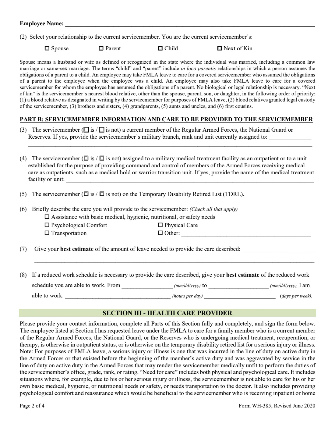 Form WH-385 (2020) Certification for Serious Injury or Illness of a Current Servicemember for Military Caregiver Leave under the Family and Medical Leave Act — page 2 of 4