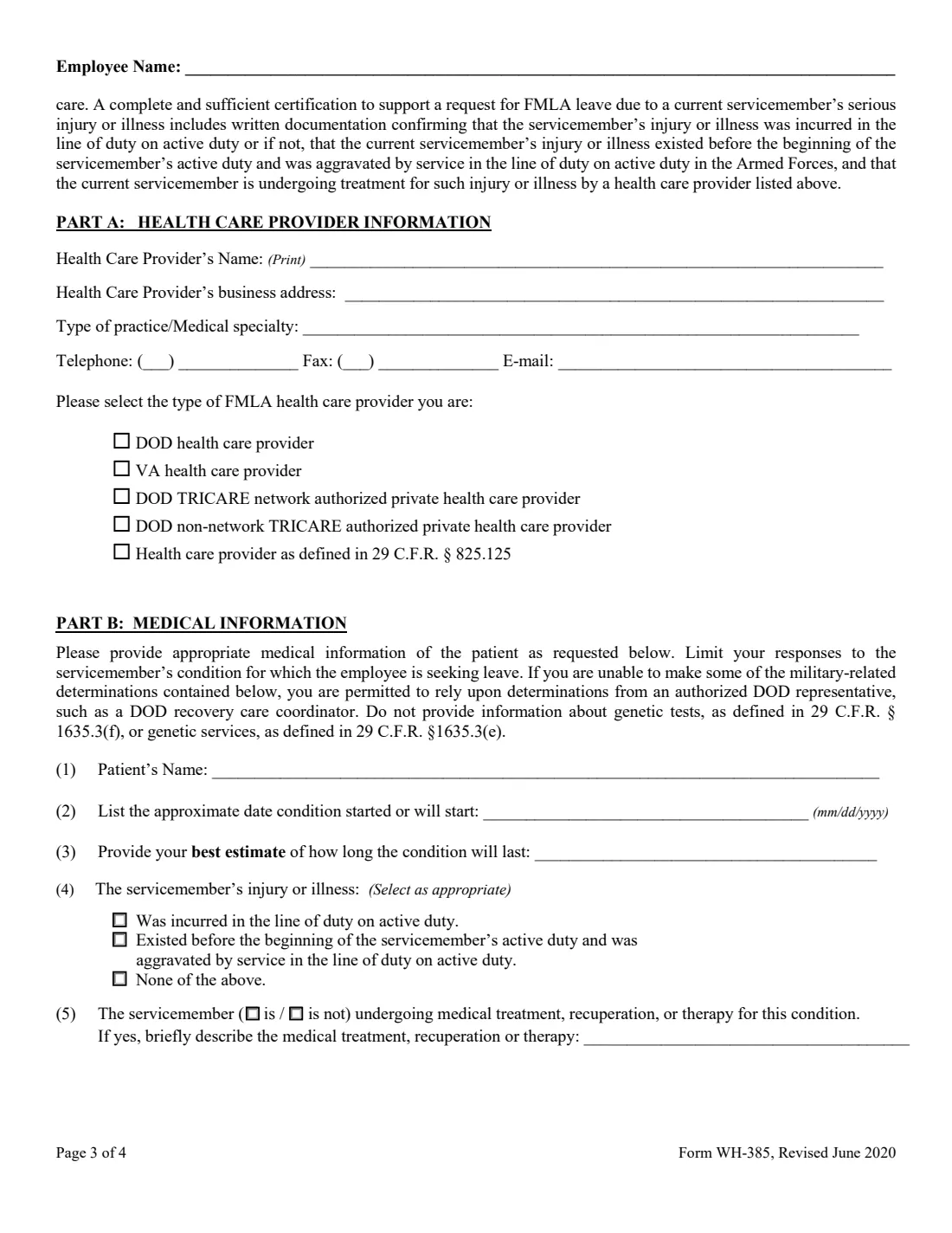 Form WH-385 (2020) Certification for Serious Injury or Illness of a Current Servicemember for Military Caregiver Leave under the Family and Medical Leave Act — page 3 of 4