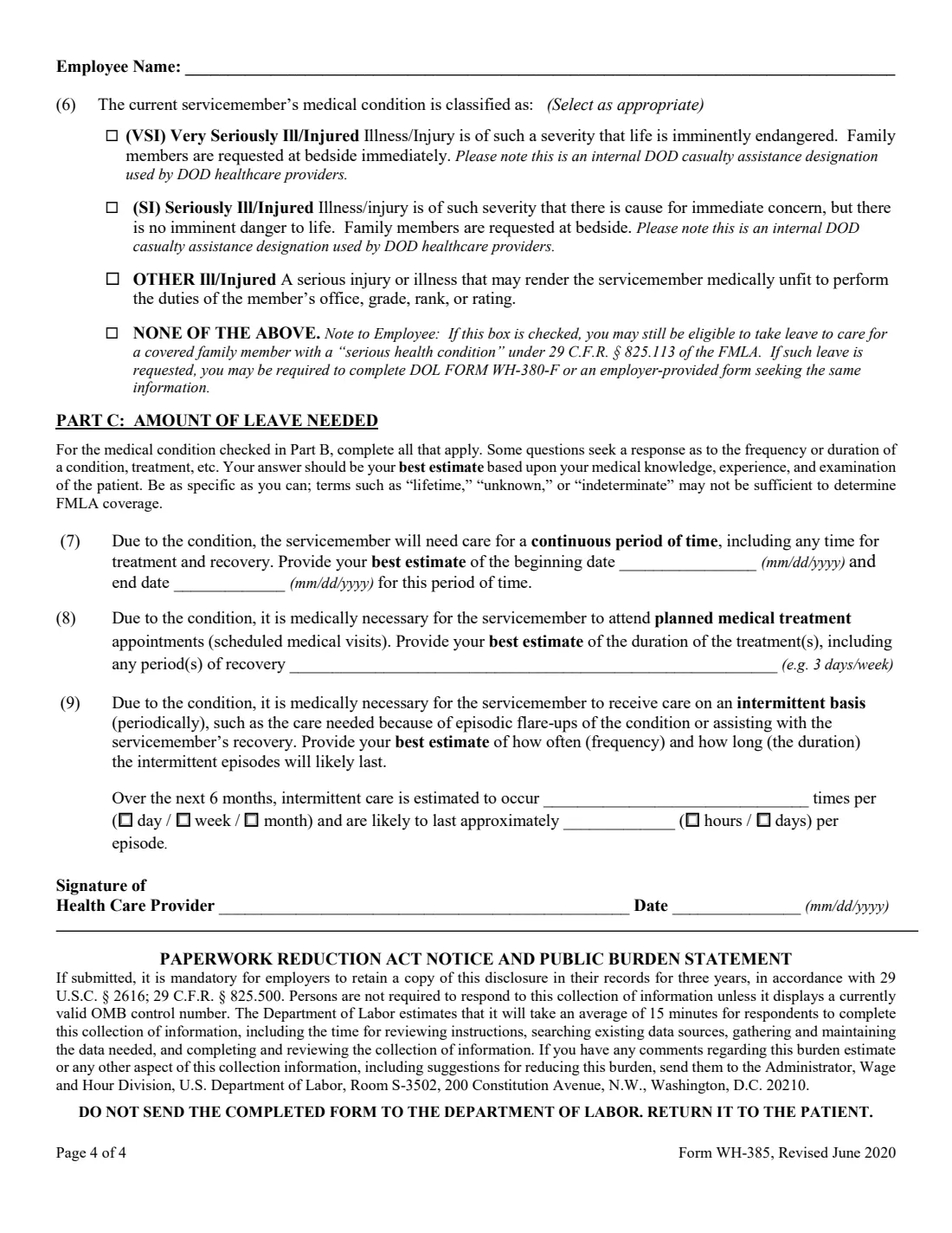 Form WH-385 (2020) Certification for Serious Injury or Illness of a Current Servicemember for Military Caregiver Leave under the Family and Medical Leave Act — page 4 of 4