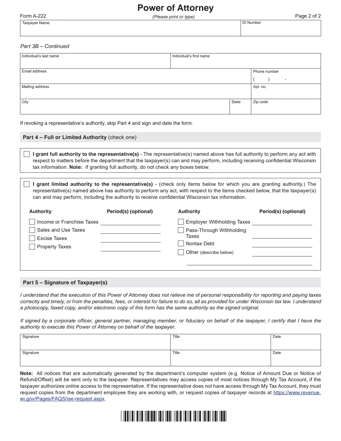 Wisconsin Form A-222 (2021) Power of Attorney — page 2 of 2