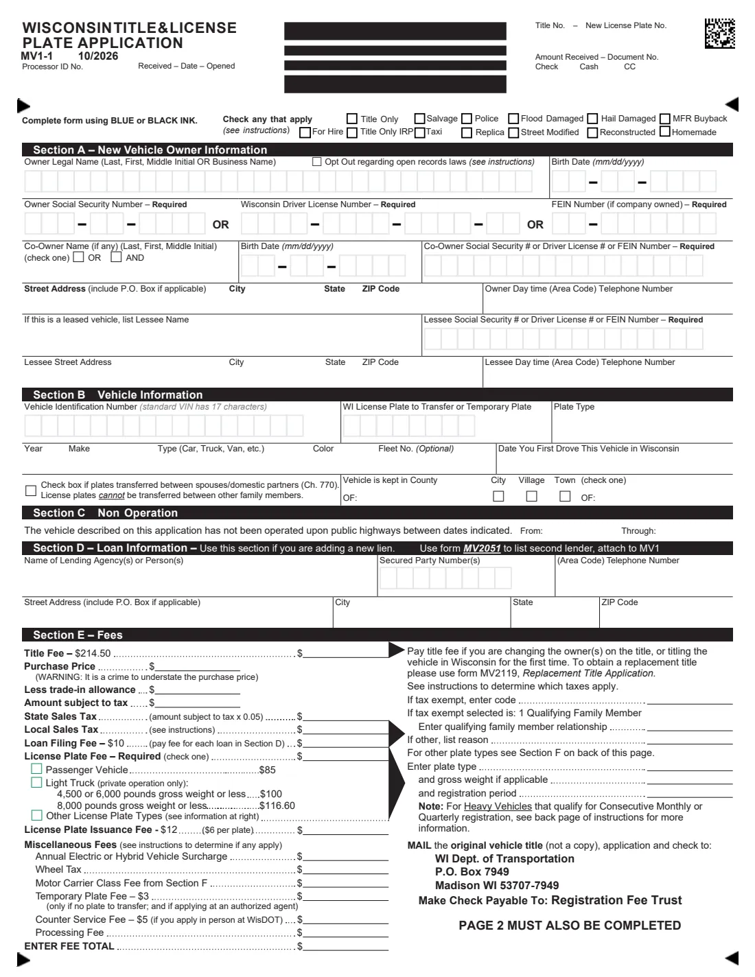 Wisconsin Form MV1 (2026) Wisconsin Title & License Plate Application — page 3 of 4