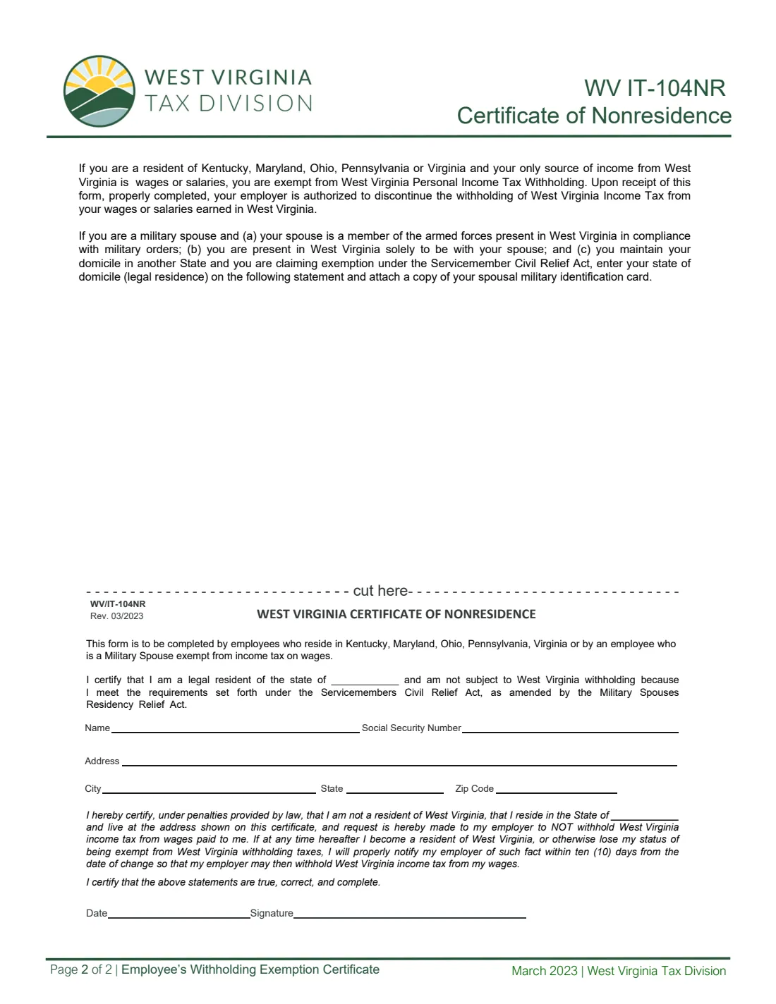 Form WV/IT-104 (2023) West Virginia Employee's Withholding Exemption Certificate — page 2 of 2