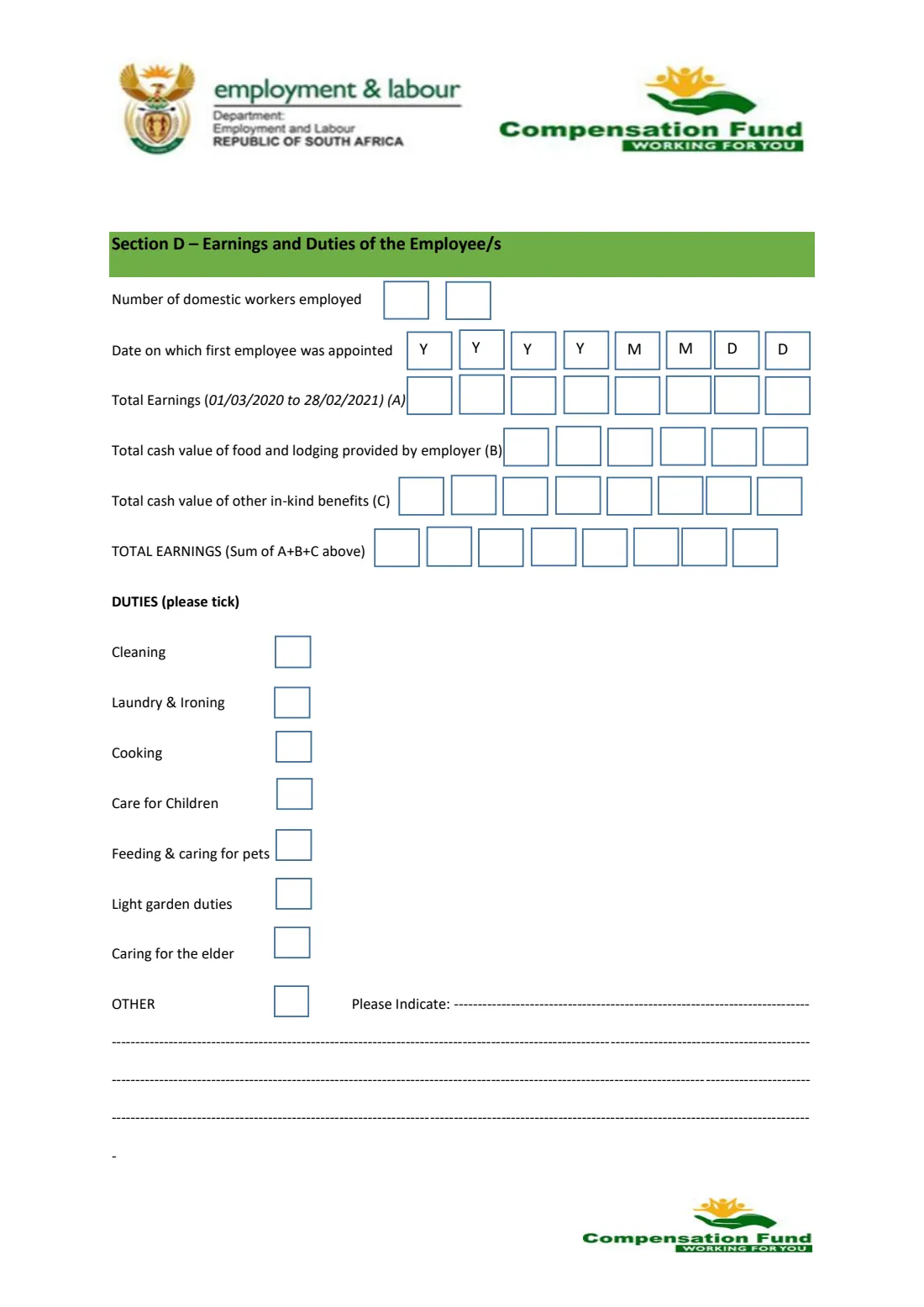 CF-1E domestic employer registration (COIDA) (2026) Application for the Private Domestic Worker Employer Registration (CF-1E, COIDA) — page 4 of 5