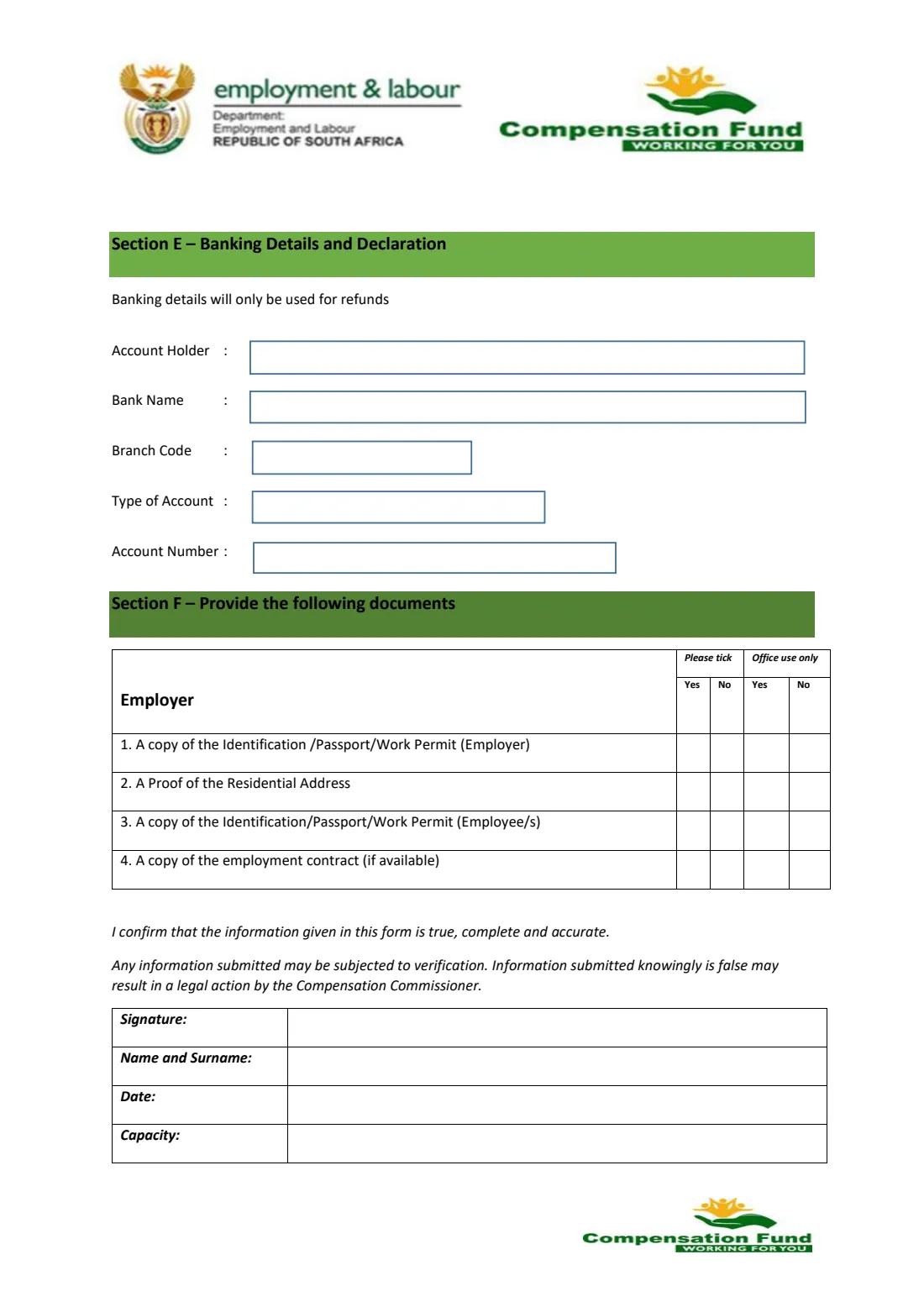 CF-1E domestic employer registration (COIDA) (2026) Application for the Private Domestic Worker Employer Registration (CF-1E, COIDA) — page 5 of 5