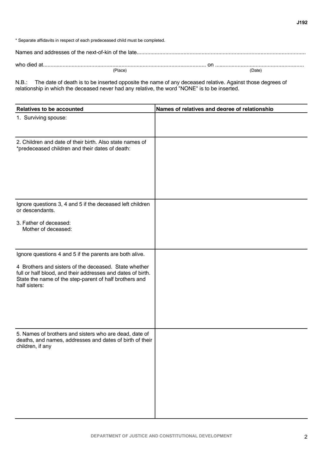 J192 Next-of-kin affidavit (2010) Affidavit: Particulars of Next-of-Kin — page 2 of 2