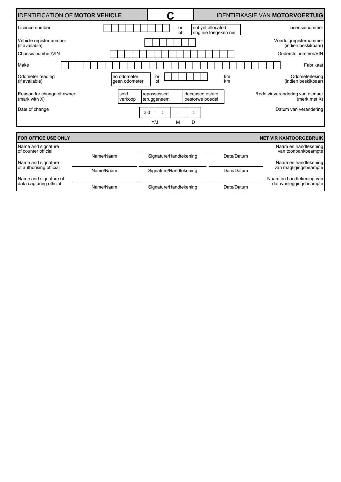 NCO — vehicle change of ownership (2012) Notification of Change of Ownership / Sale of Motor Vehicle (Kennisgewing van verandering van eienaarskap / verkoop van motorvoertuig) — page 3 of 3